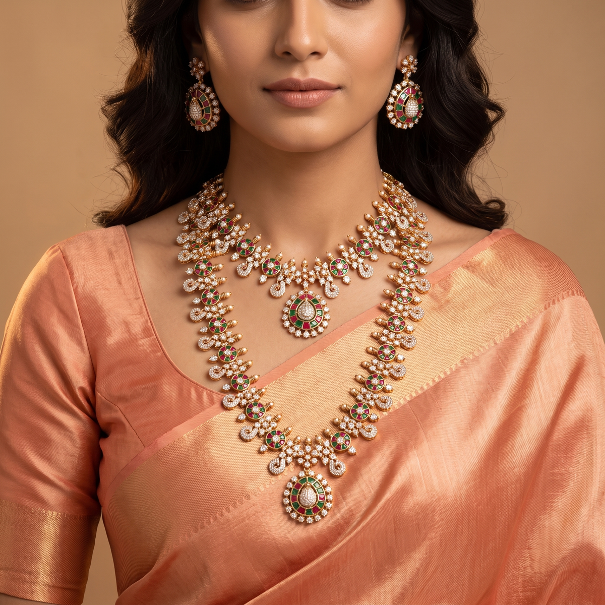 Traditional Circular Peacock Kundan Combo Set with Stone Halo Borders