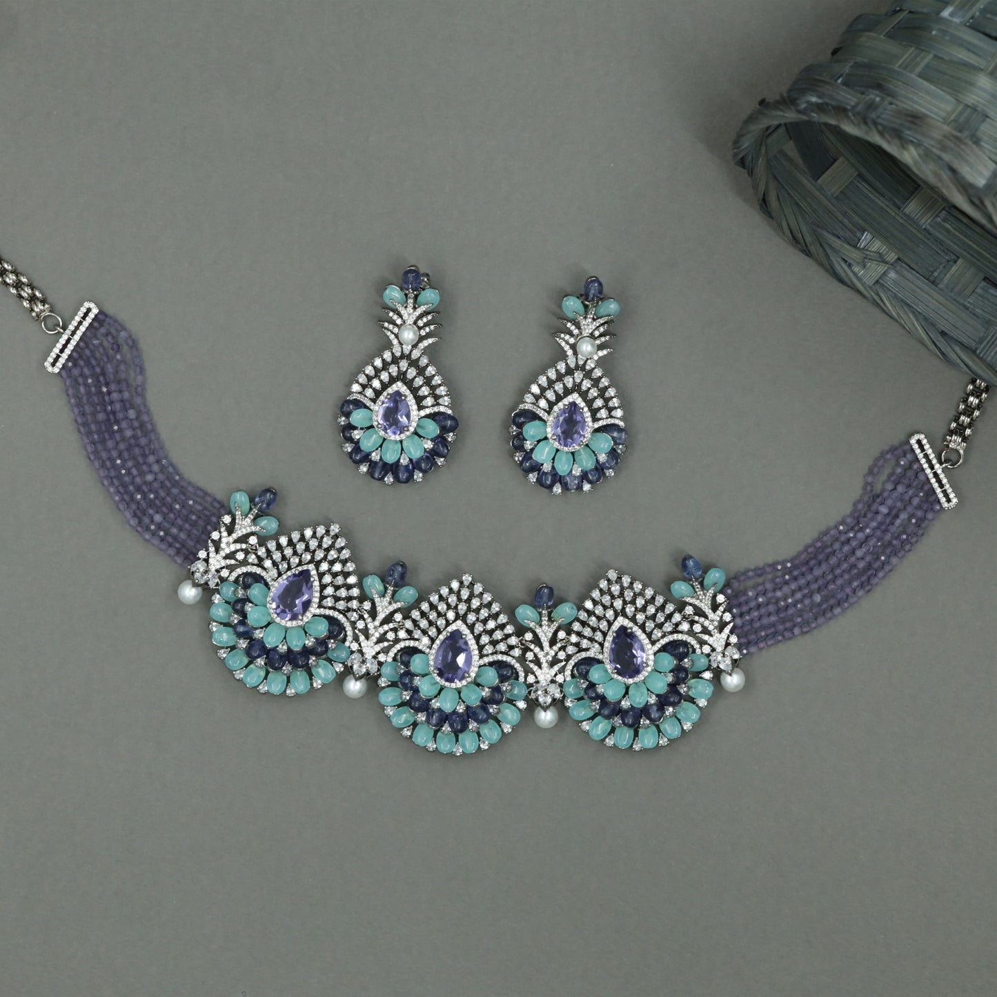 Teardrop Amethyst Centre Rhodium Crystal Floral Choker