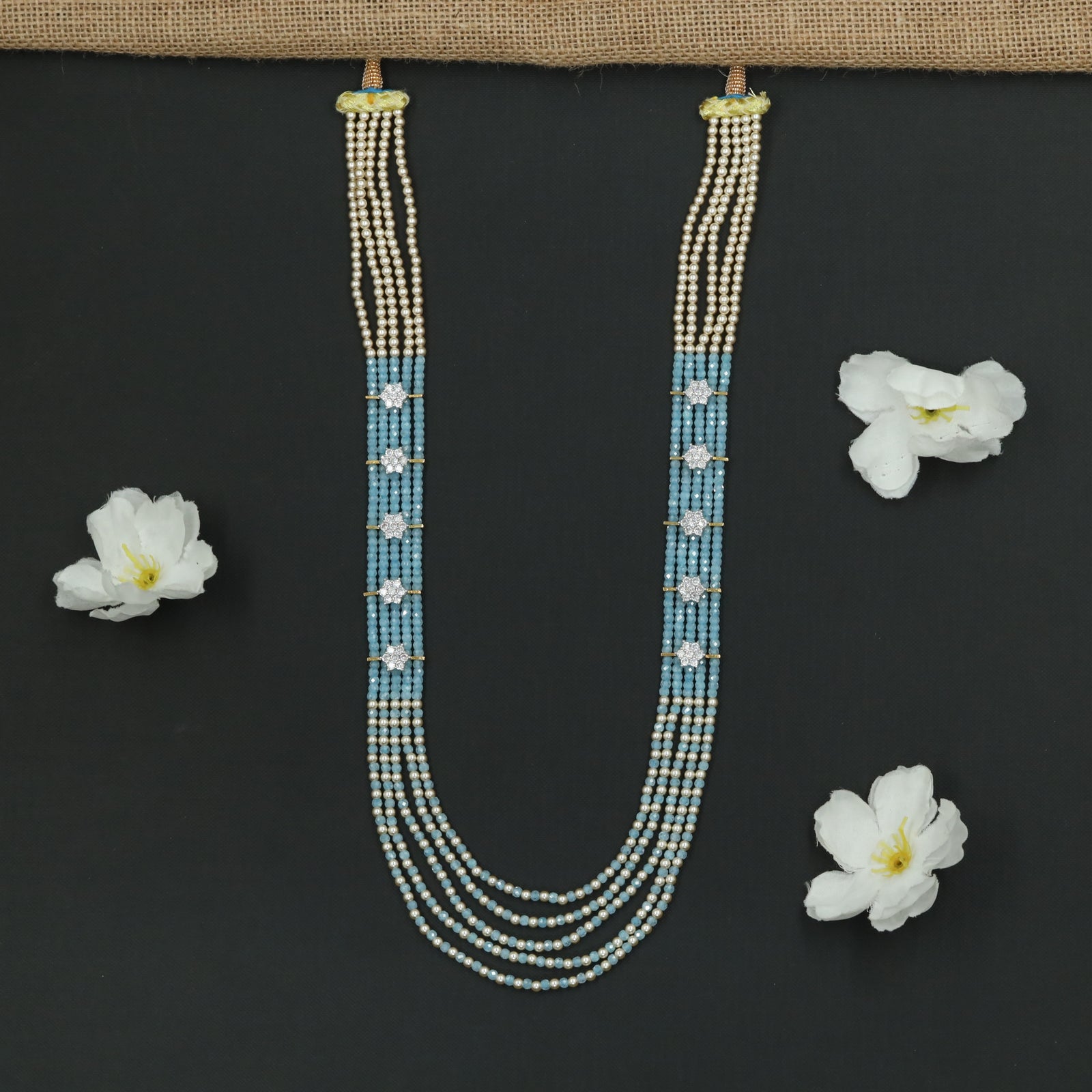 Flowing Crystal Bead Long Haara with Ornamental Flower Link Design