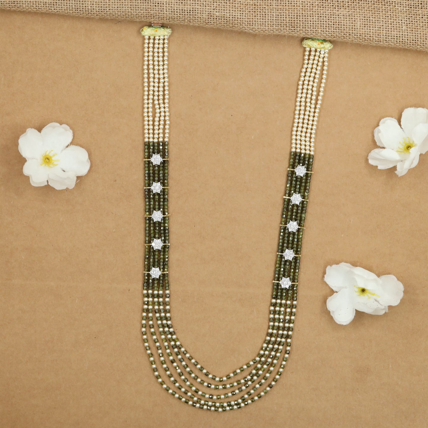Flowing Crystal Bead Long Haara with Ornamental Flower Link Design