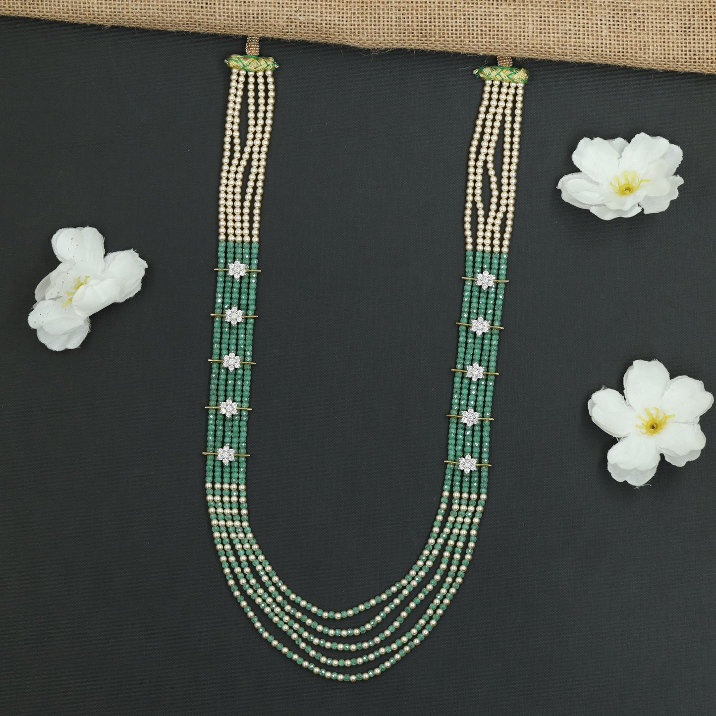 Flowing Crystal Bead Long Haara with Ornamental Flower Link Design