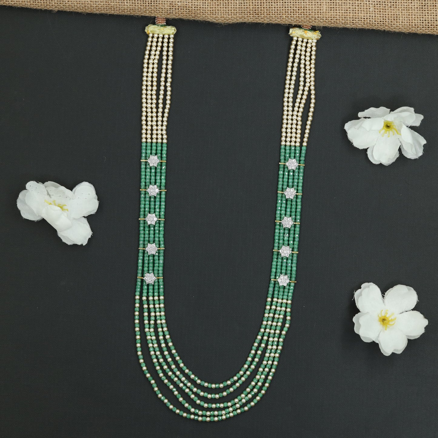 Flowing Crystal Bead Long Haara with Ornamental Flower Link Design