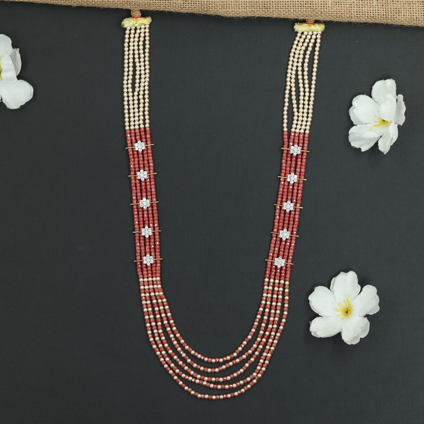 Flowing Crystal Bead Long Haara with Ornamental Flower Link Design