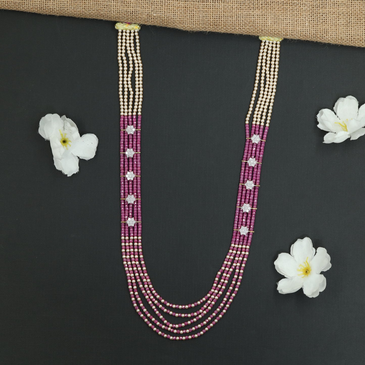 Flowing Crystal Bead Long Haara with Ornamental Flower Link Design