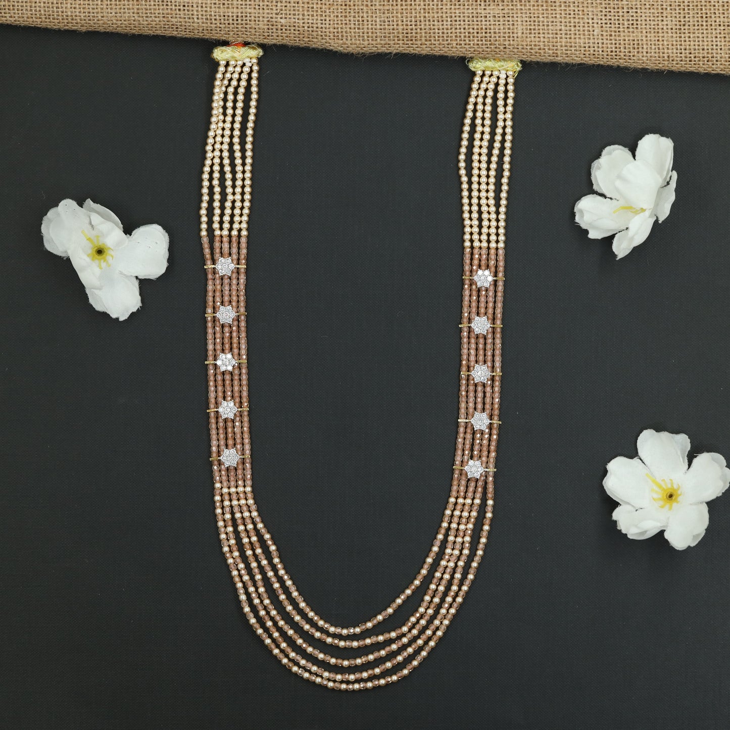 Flowing Crystal Bead Long Haara with Ornamental Flower Link Design