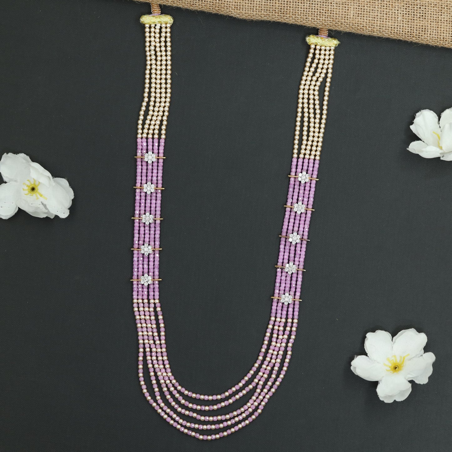 Flowing Crystal Bead Long Haara with Ornamental Flower Link Design