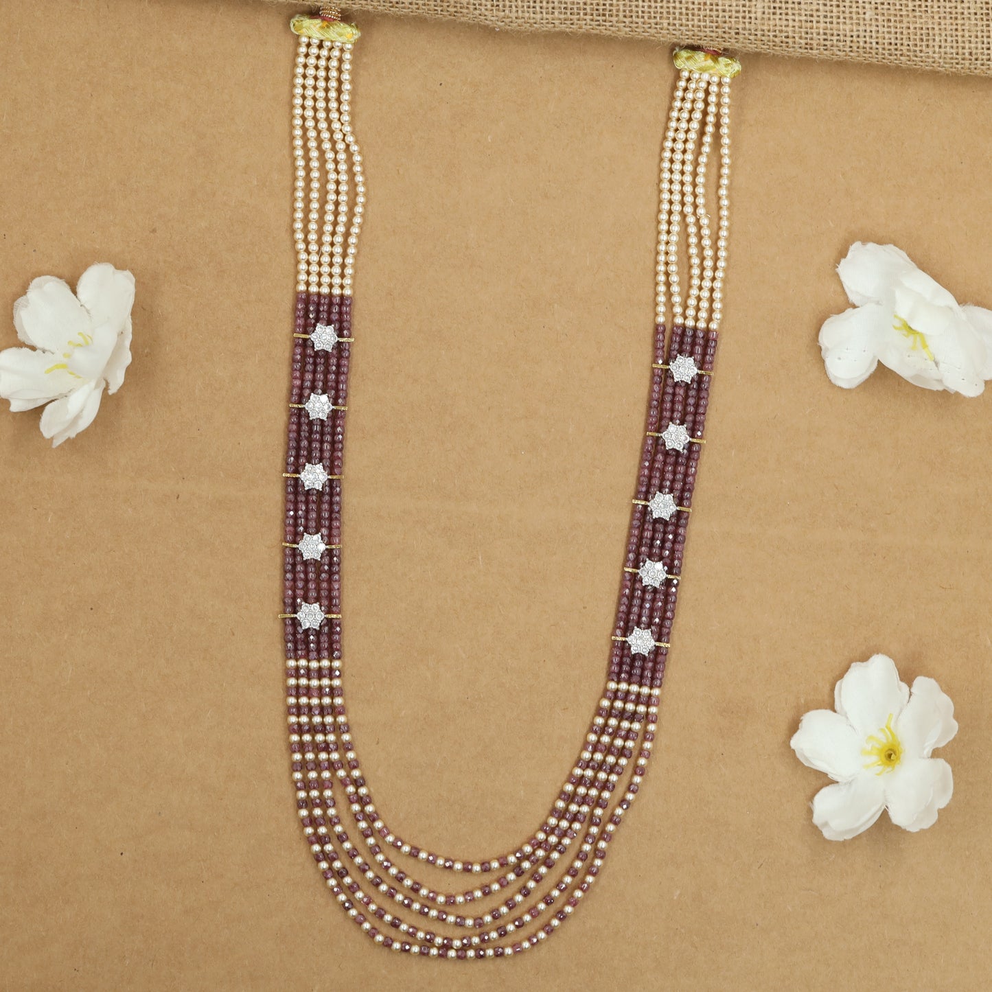 Flowing Crystal Bead Long Haara with Ornamental Flower Link Design