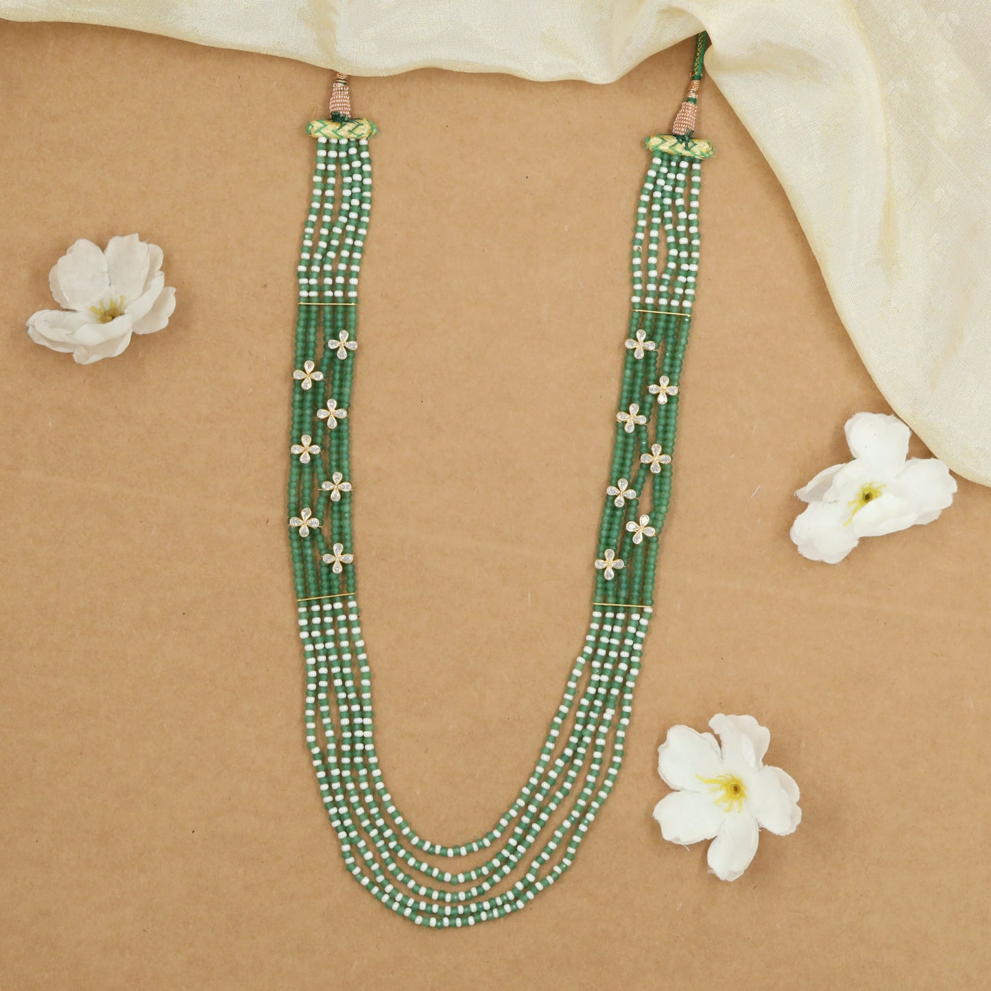 Multi Strand Crystal Bead Long Haara with Petite Flower Motifs