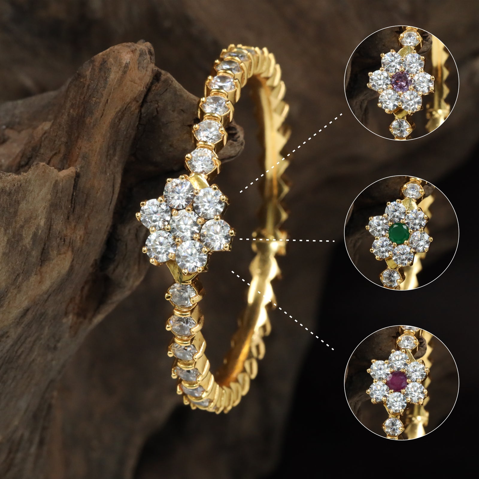 Floral Cluster Antique Gold Kada with Interchangeable Centre