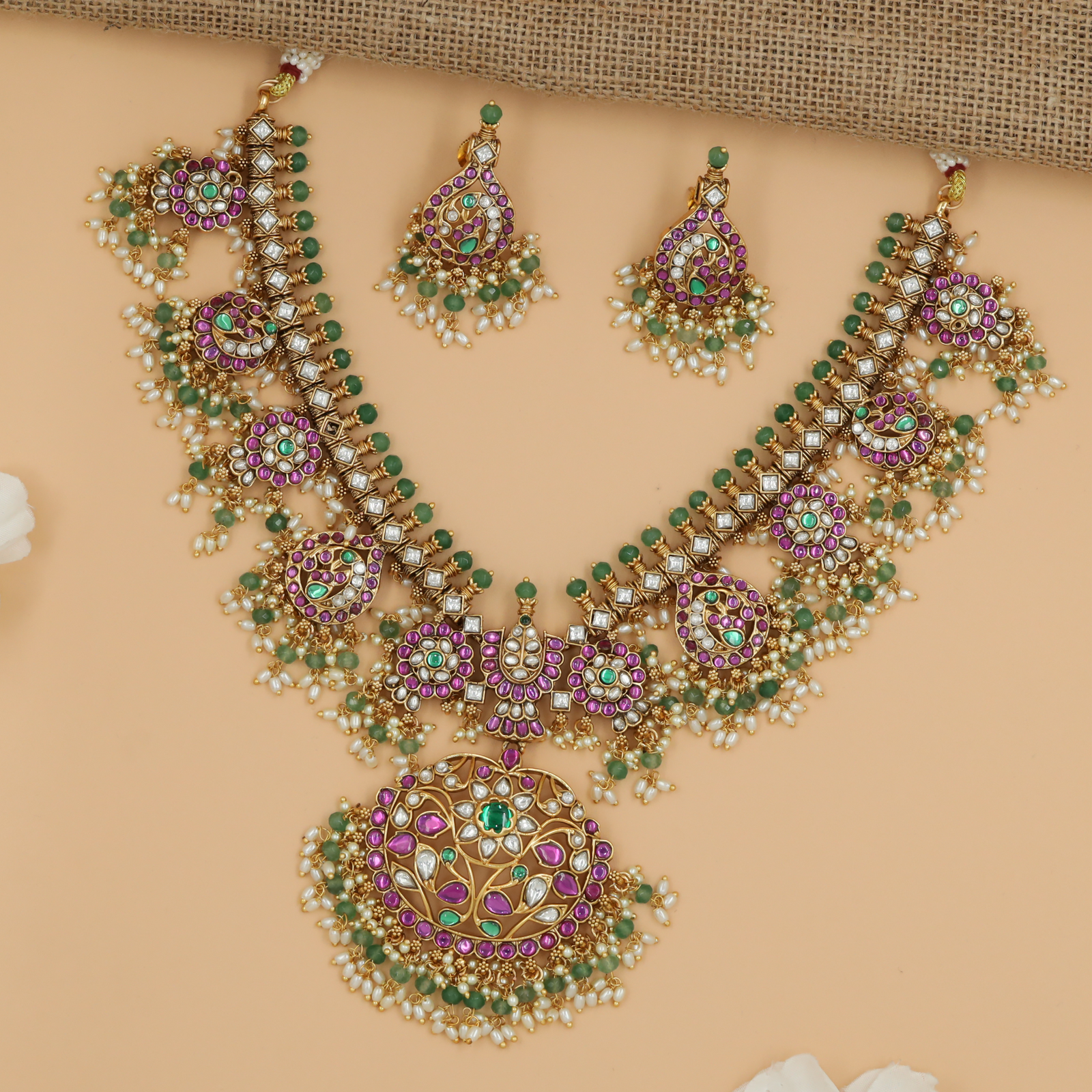 Antique Temple Pendant Necklace with Traditional Peacock and Floral Motif Detailing