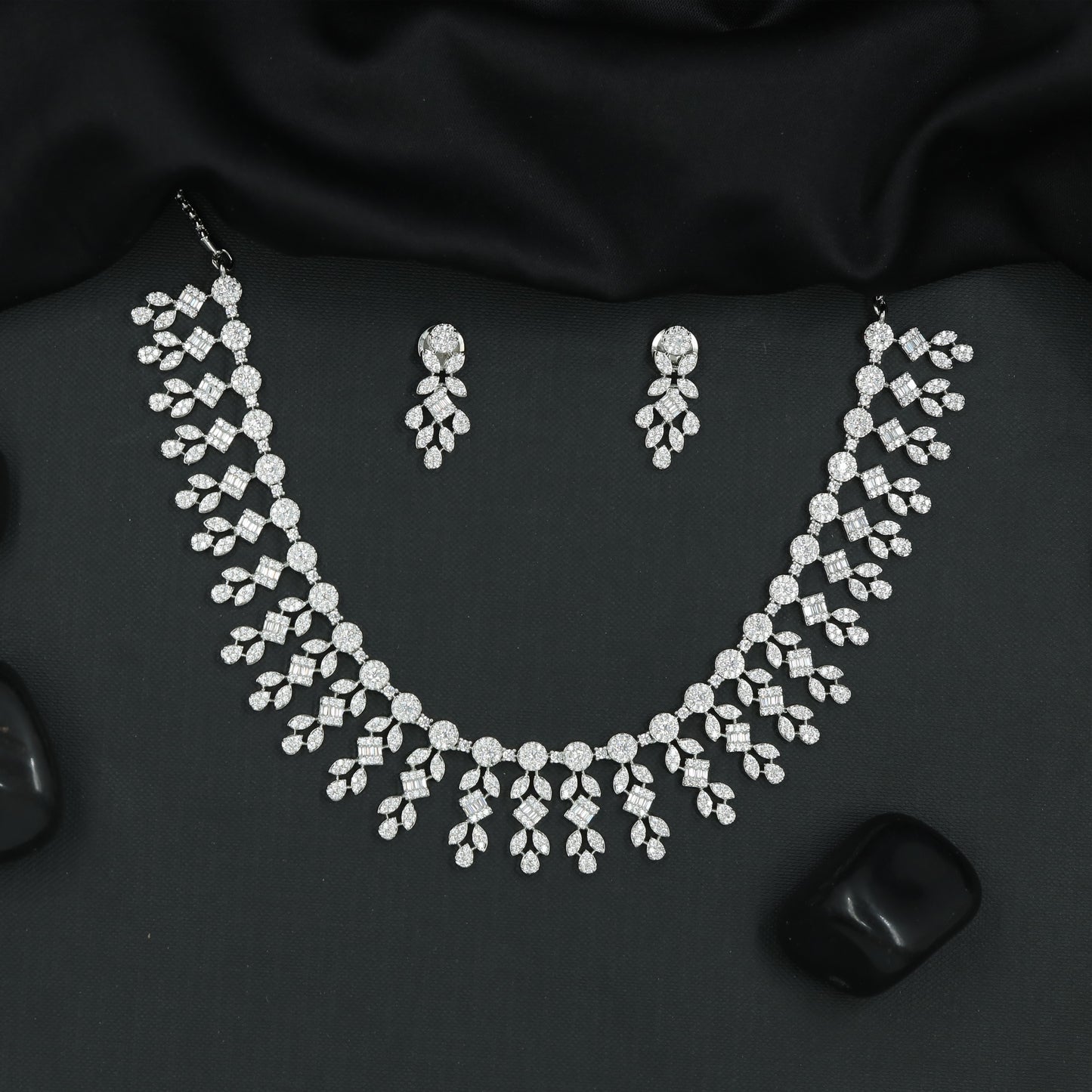 Decorative Floral Link Necklace Set with Cascading Drop Clusters