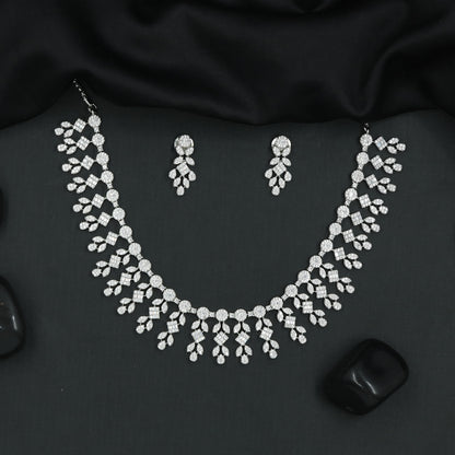 Decorative Floral Link Necklace Set with Cascading Drop Clusters