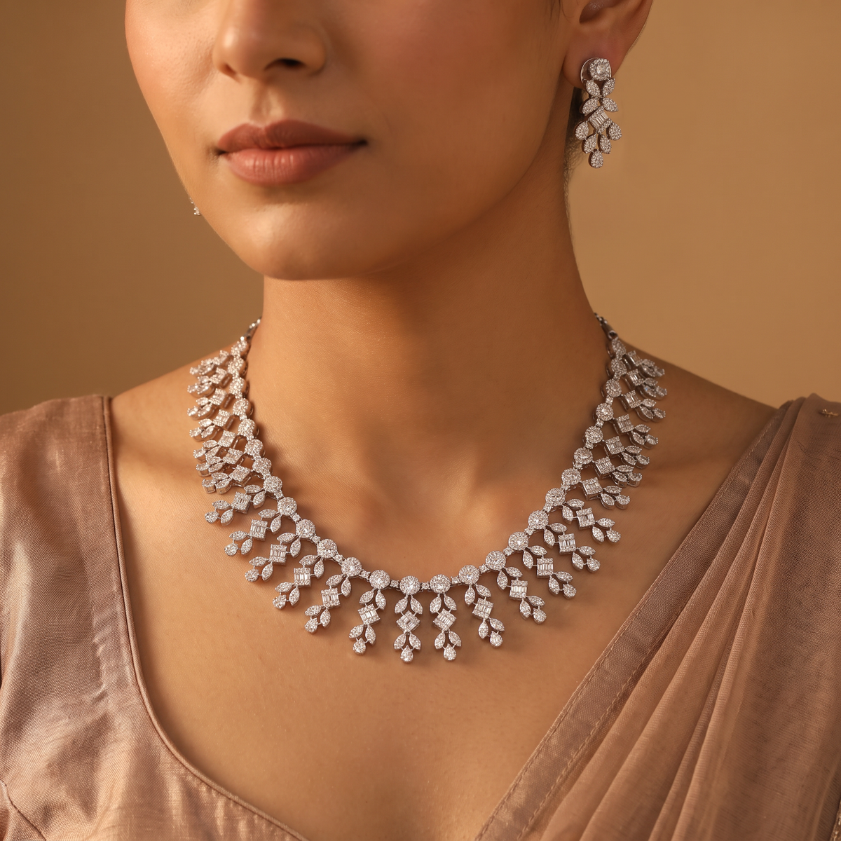 Decorative Floral Link Necklace Set with Cascading Drop Clusters