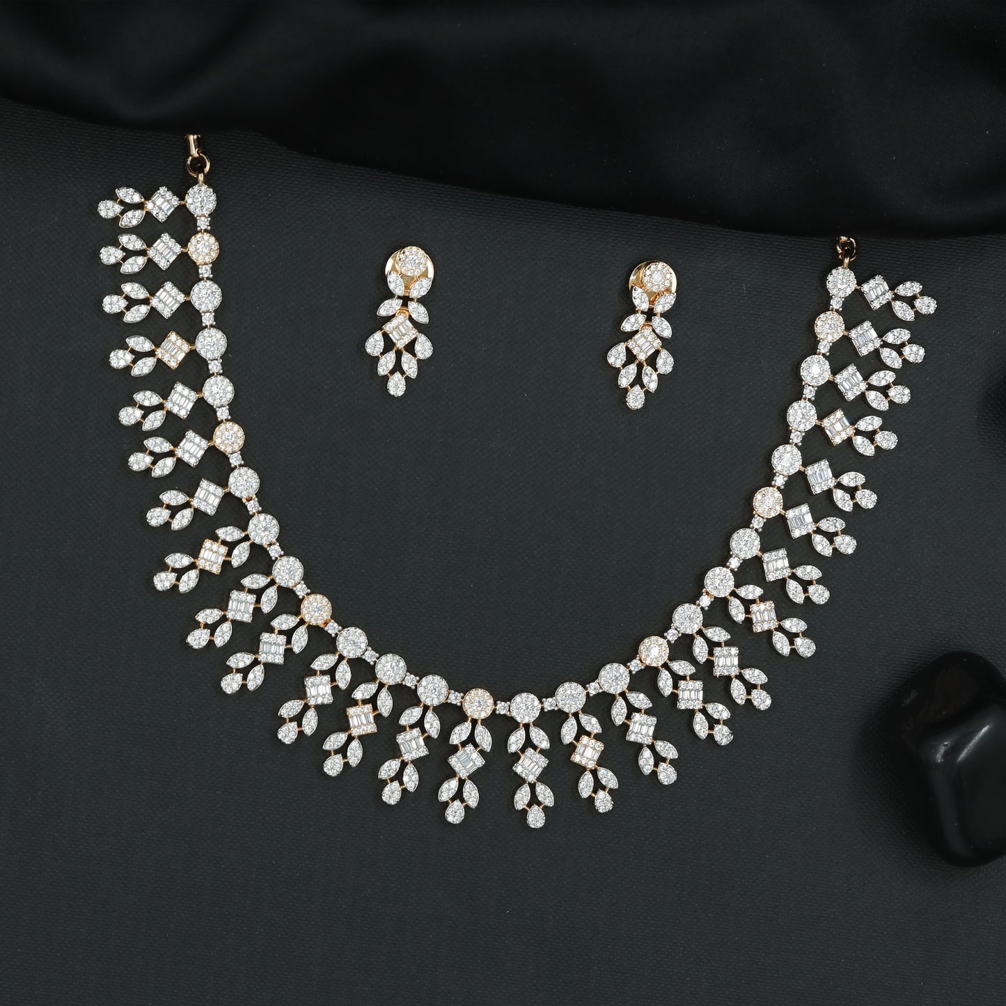 Decorative Floral Link Necklace Set with Cascading Drop Clusters