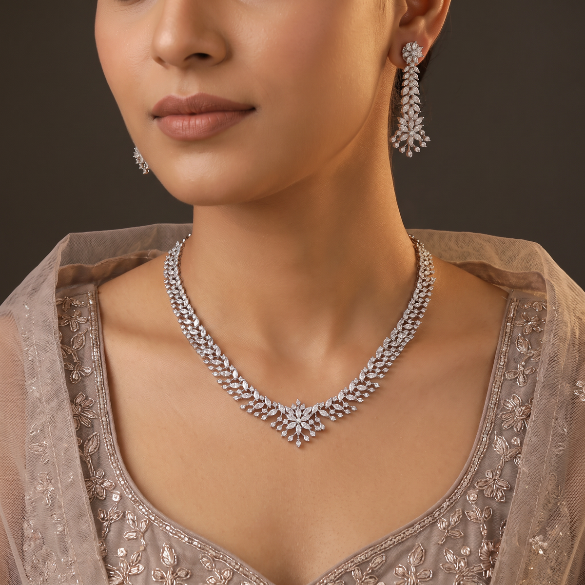 Aabharana Floral Vine Necklace Set with Elegant Cluster Formation