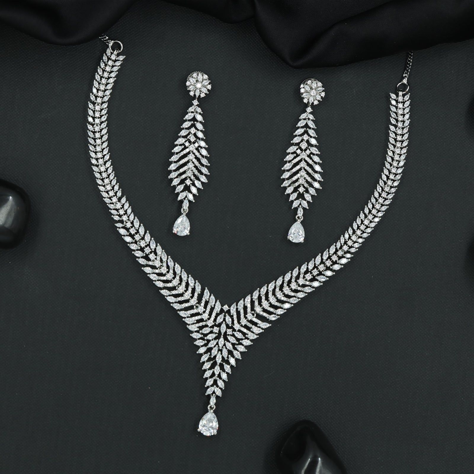 Feathered Marquise Vine Necklace with Cascading Teardrop Pendant