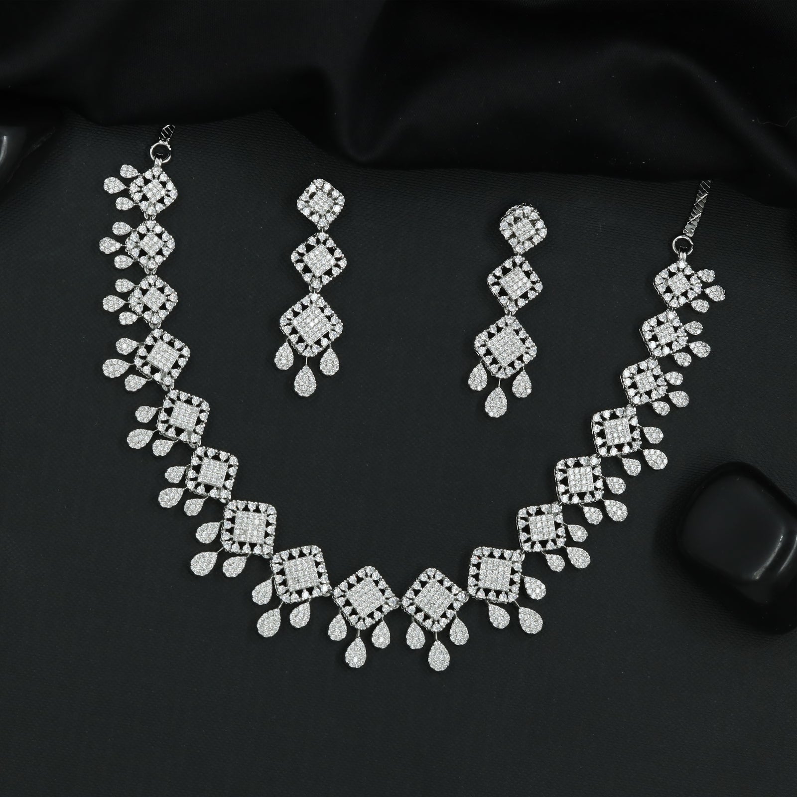 Geometric Square Motif Necklace Set with Teardrop Fringe Accents