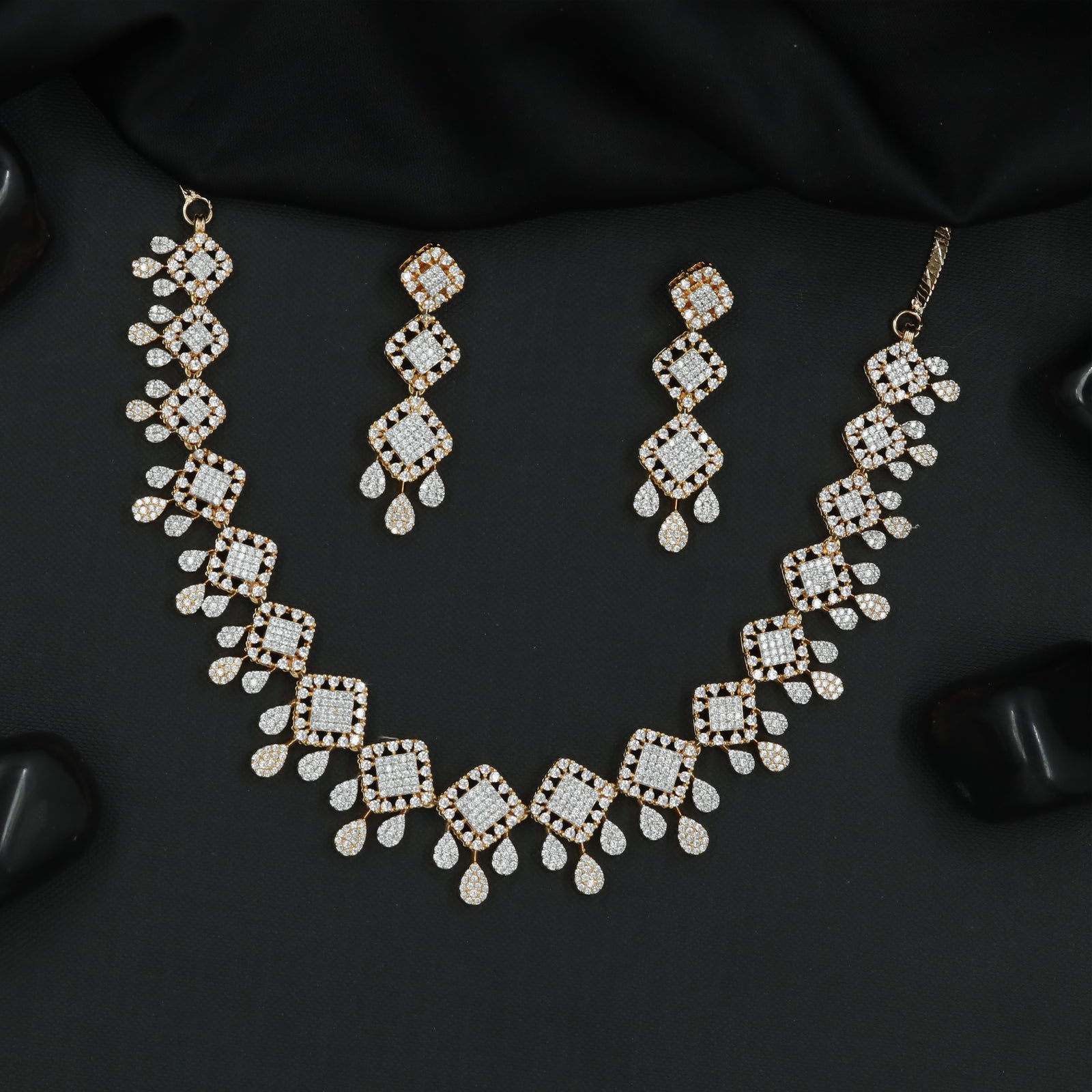 Geometric Square Motif Necklace Set with Teardrop Fringe Accents