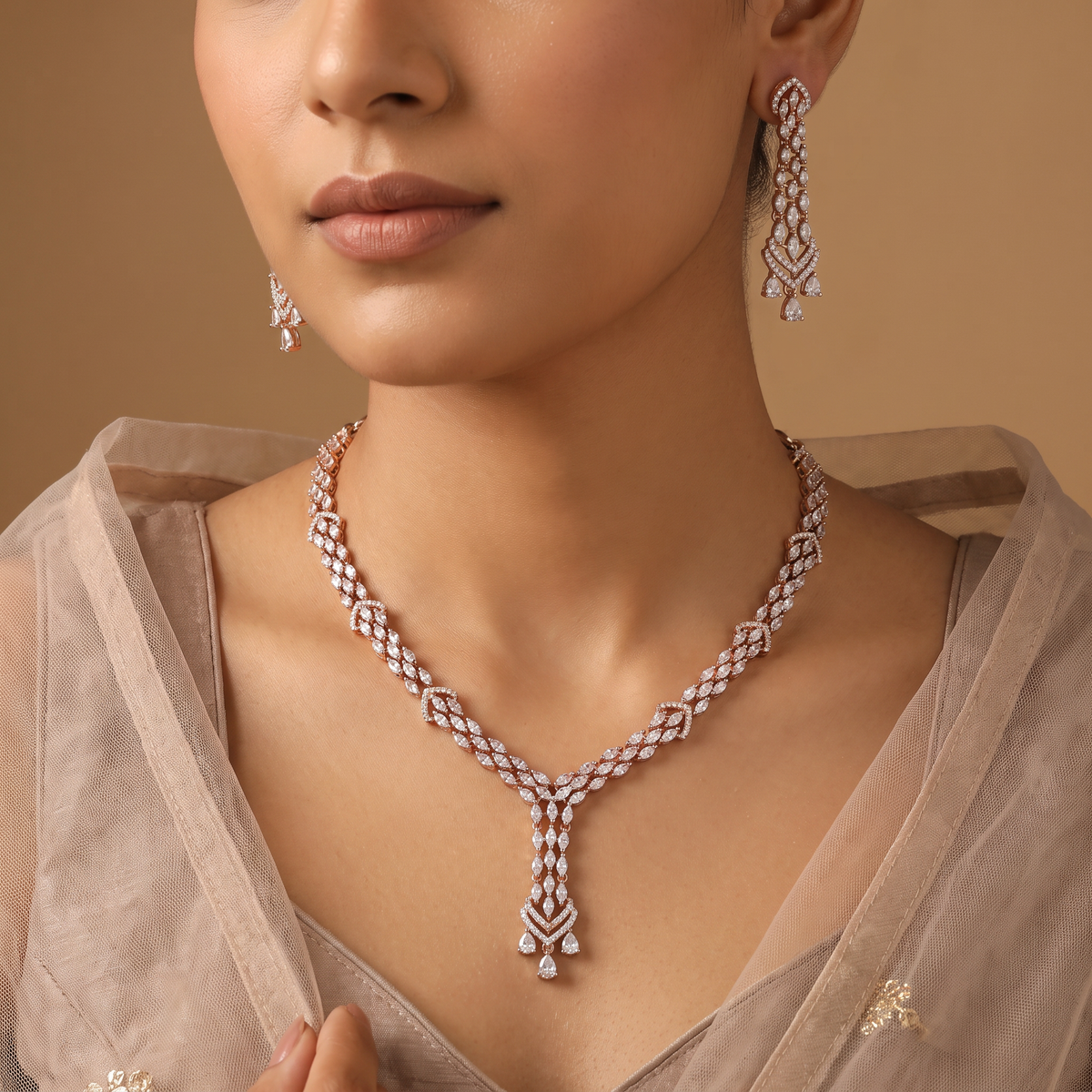 Marquise Vine Pattern Necklace Set with Triple Drop Centre