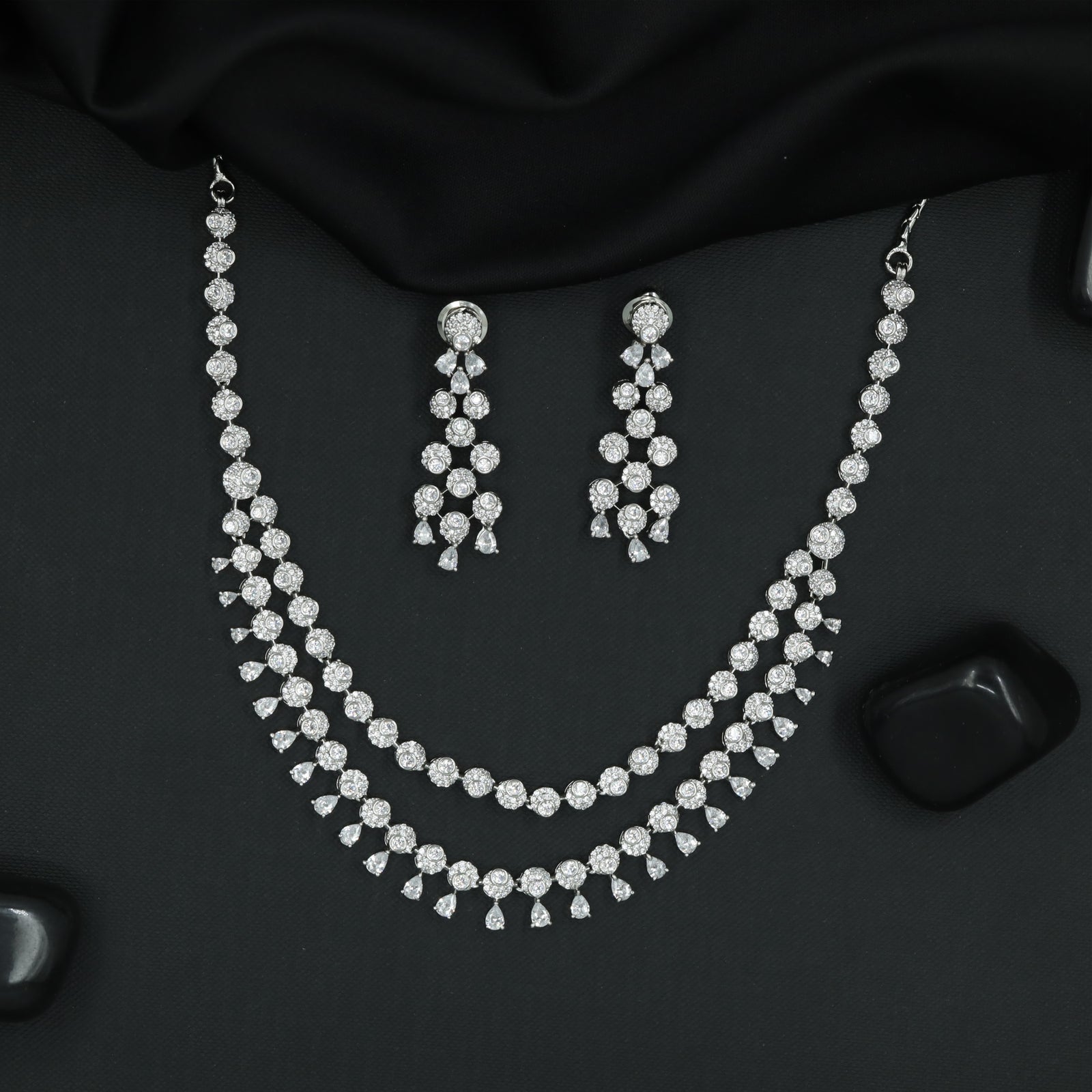 Double Row Cluster Necklace Set with Dangling Drop Accents