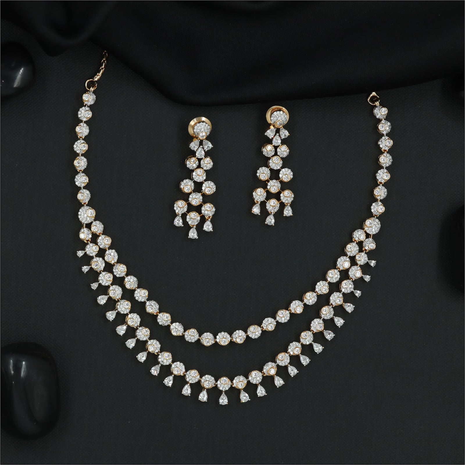 Double Row Cluster Necklace Set with Dangling Drop Accents