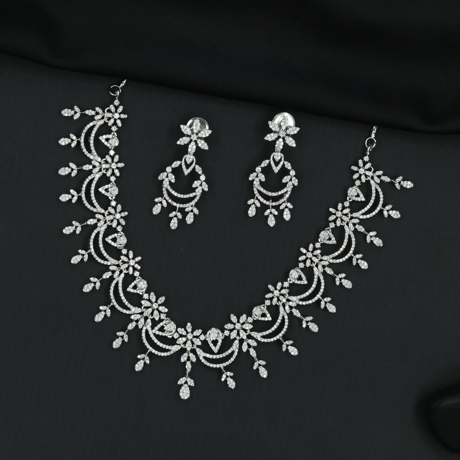 Floral Vine Crescent Necklace Set with Dangling Leaf Accents
