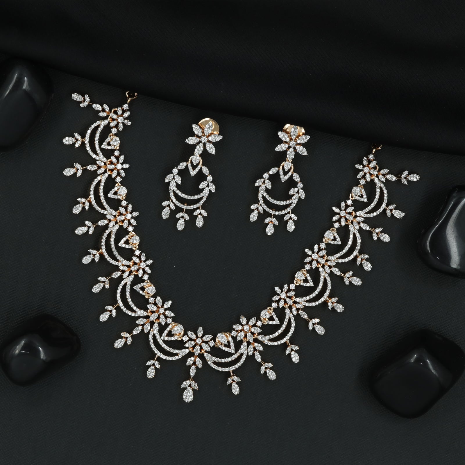 Floral Vine Crescent Necklace Set with Dangling Leaf Accents