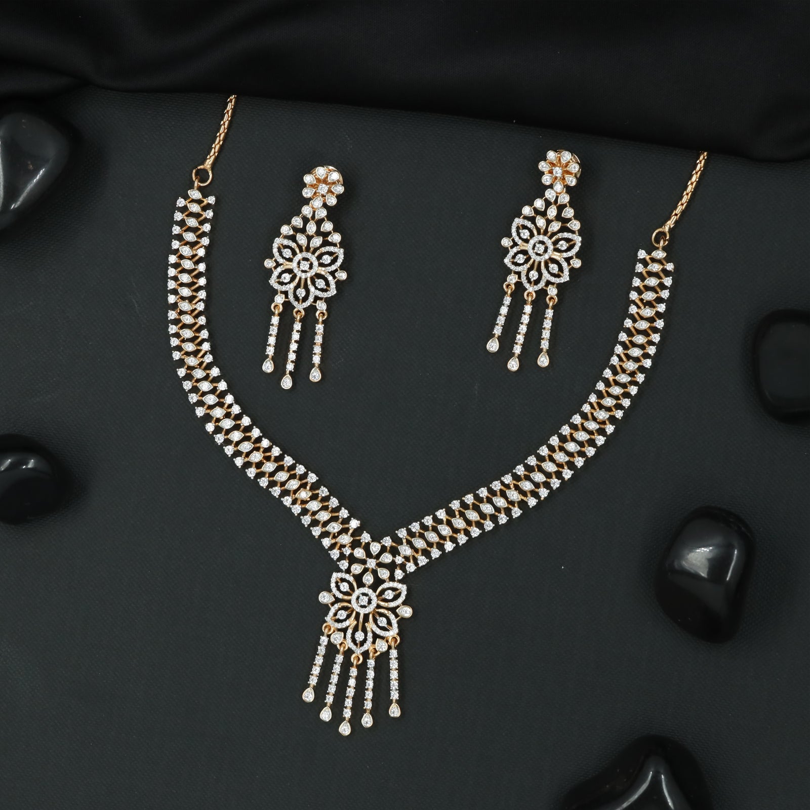 Refined Blossom Pattern Crystal Necklace with Hanging Drop Tassels