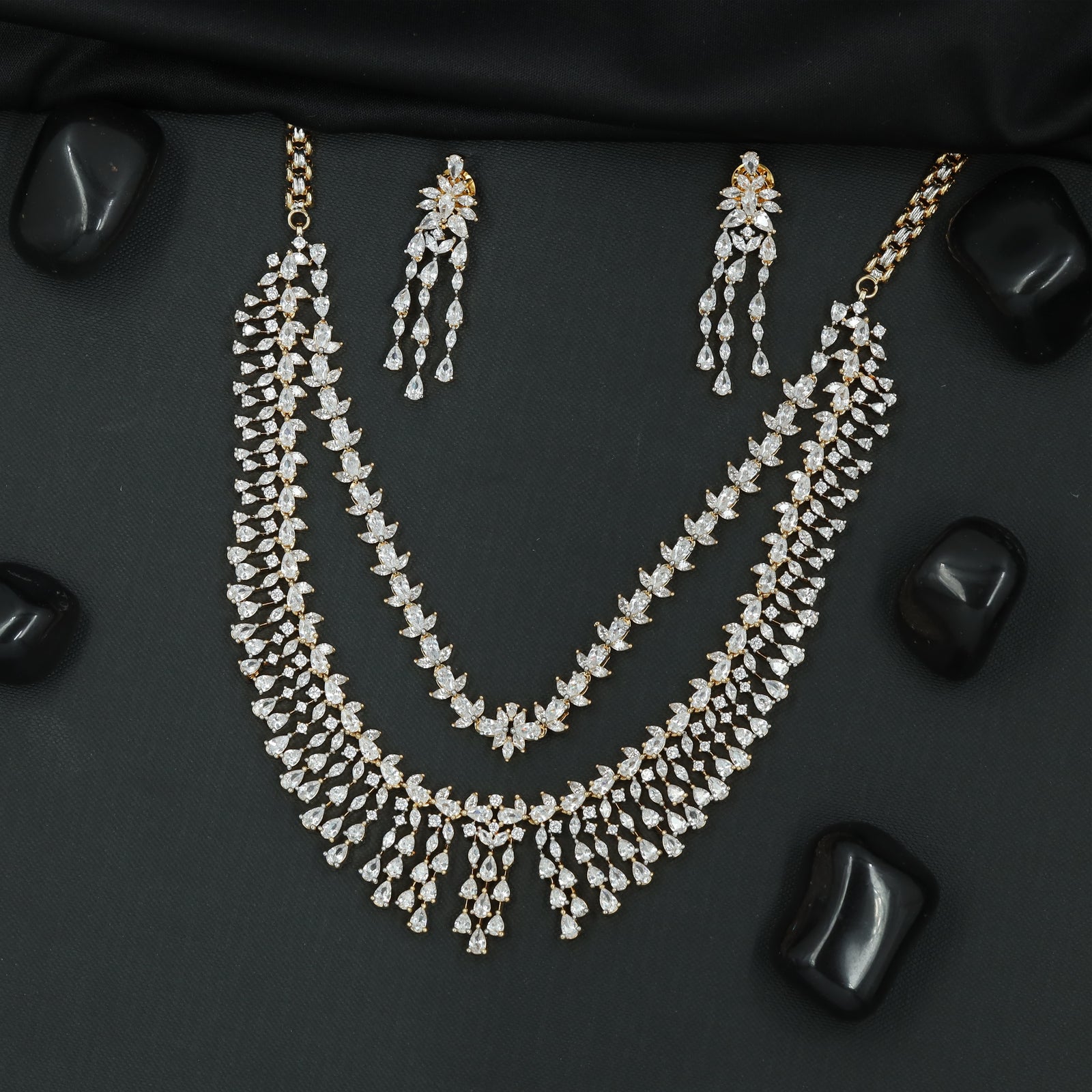 Leaf Cluster Double Chain Crystal Necklace with Fringe Border