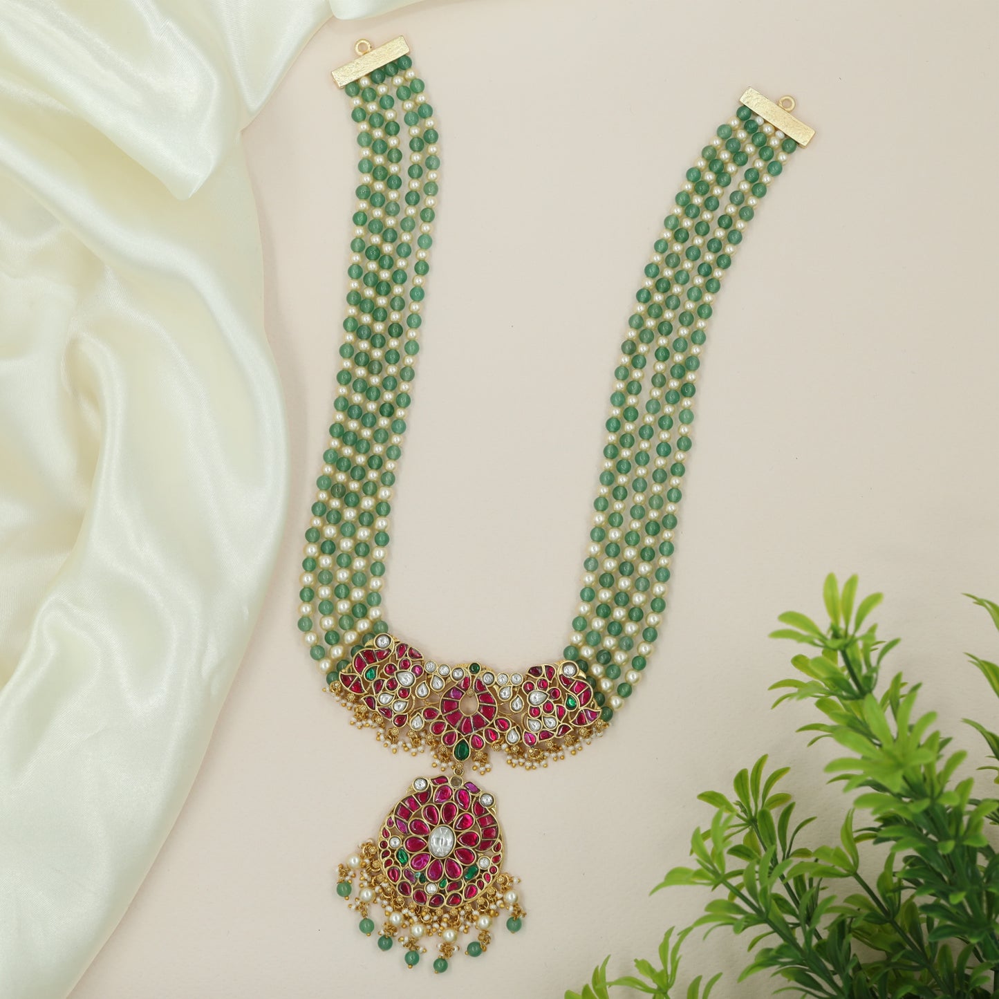 Multi Strand Beaded Jadau Long Haara with Decorative Floral Medallion Pendant