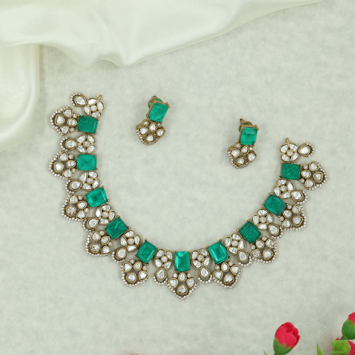 Bridal Victorian Necklace Set with Repeating Teardrop Clusters and Structured Centre Panels