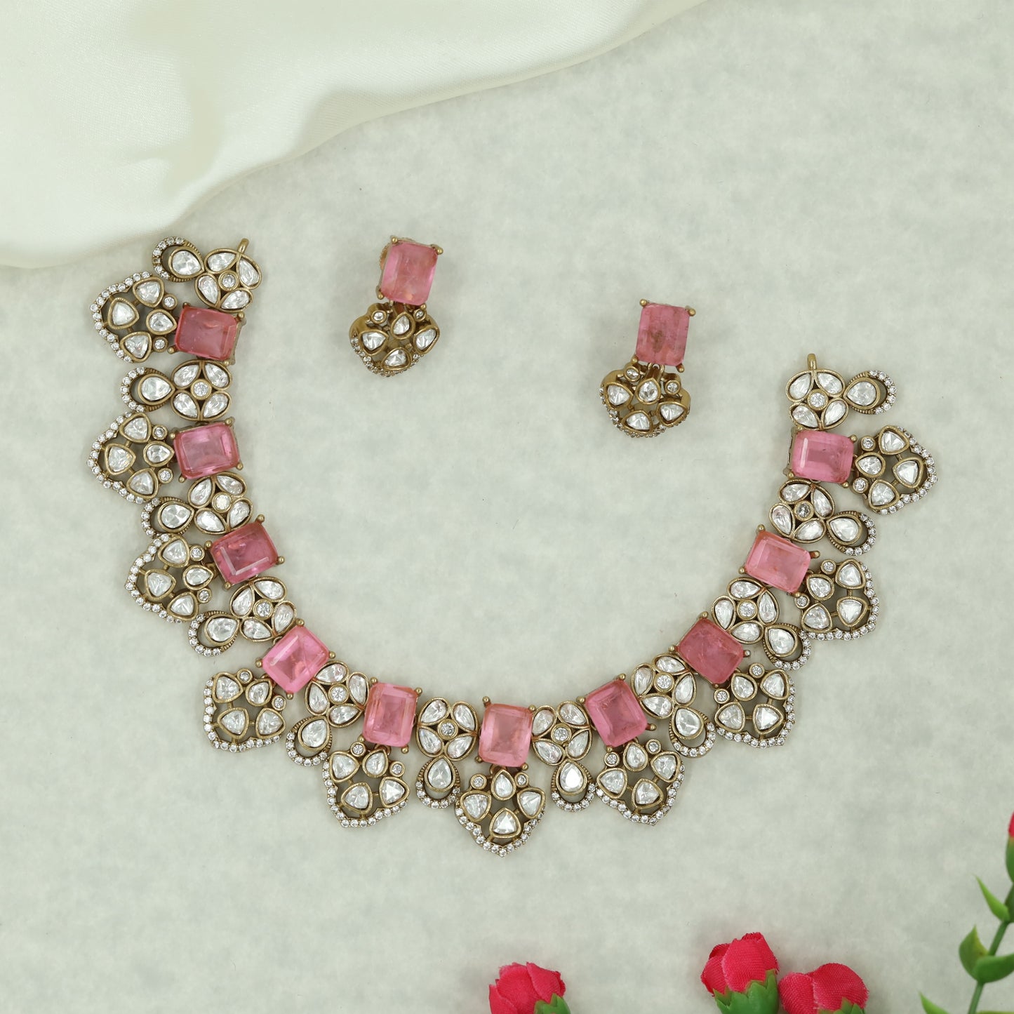 Bridal Victorian Necklace Set with Repeating Teardrop Clusters and Structured Centre Panels