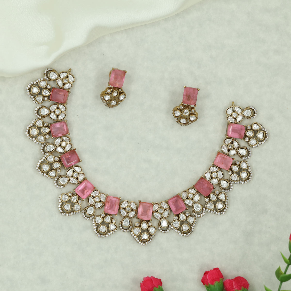 Bridal Victorian Necklace Set with Repeating Teardrop Clusters and Structured Centre Panels