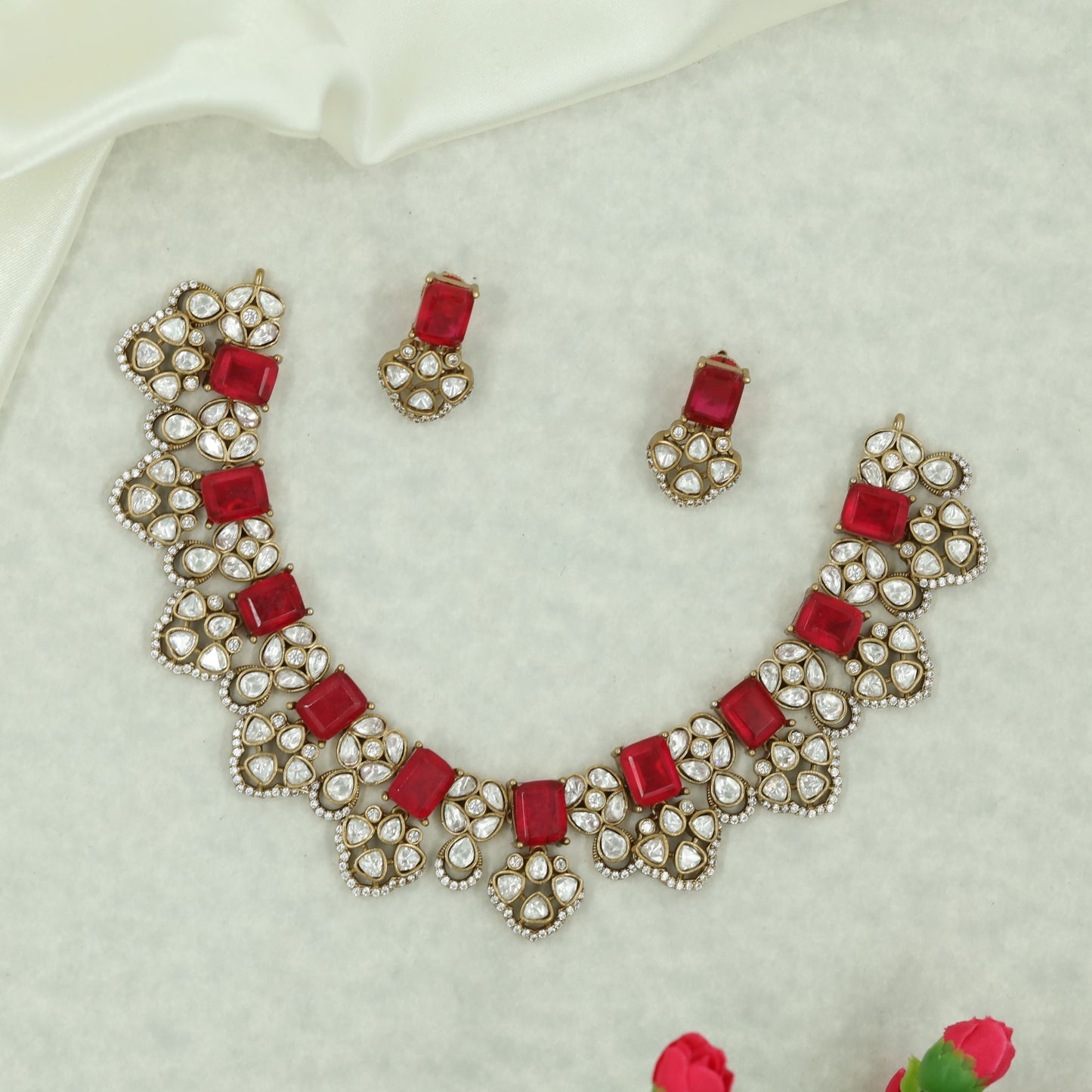 Bridal Victorian Necklace Set with Repeating Teardrop Clusters and Structured Centre Panels