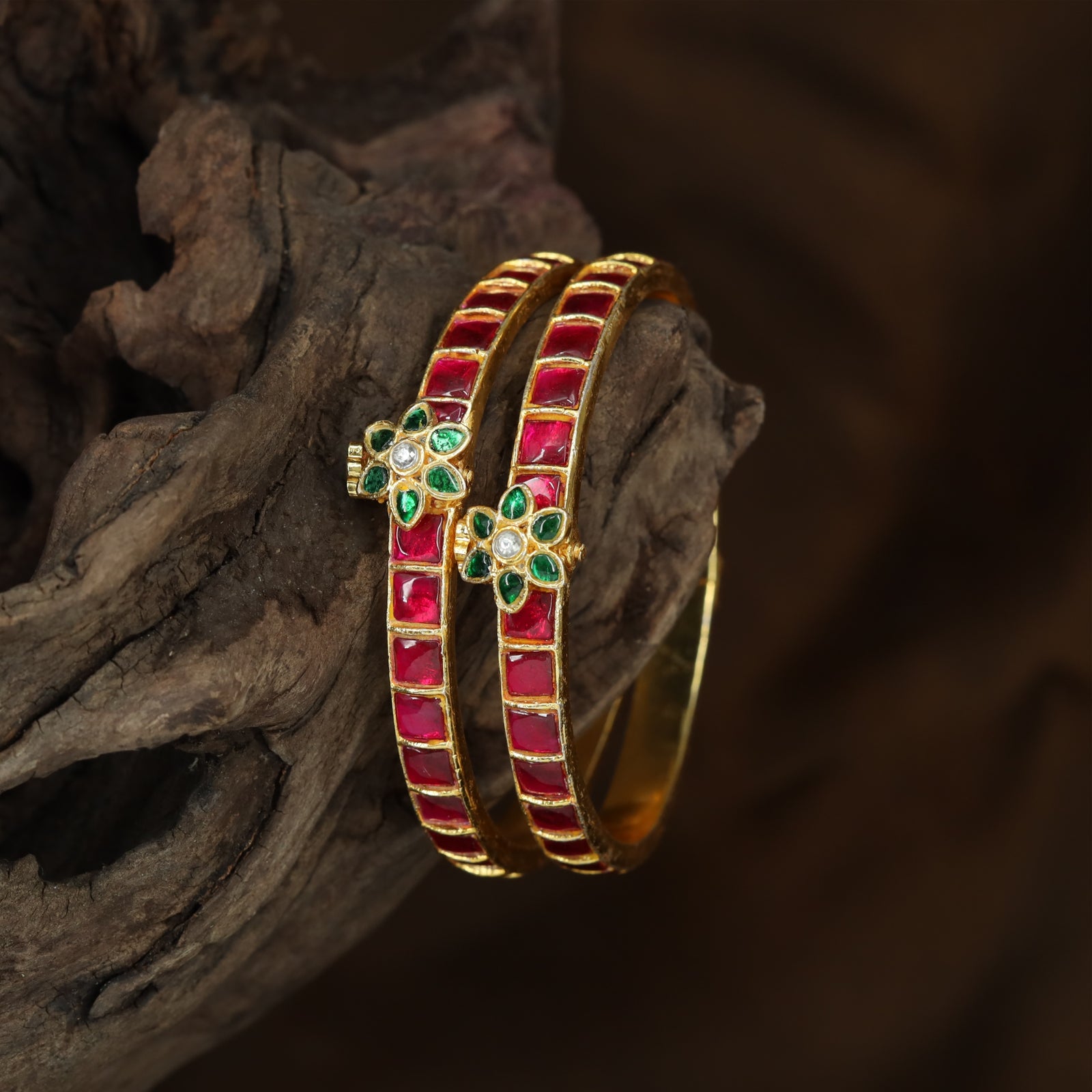 Floral Centre Motif Jadau Bangles with Rectangular Stone Channel Pattern