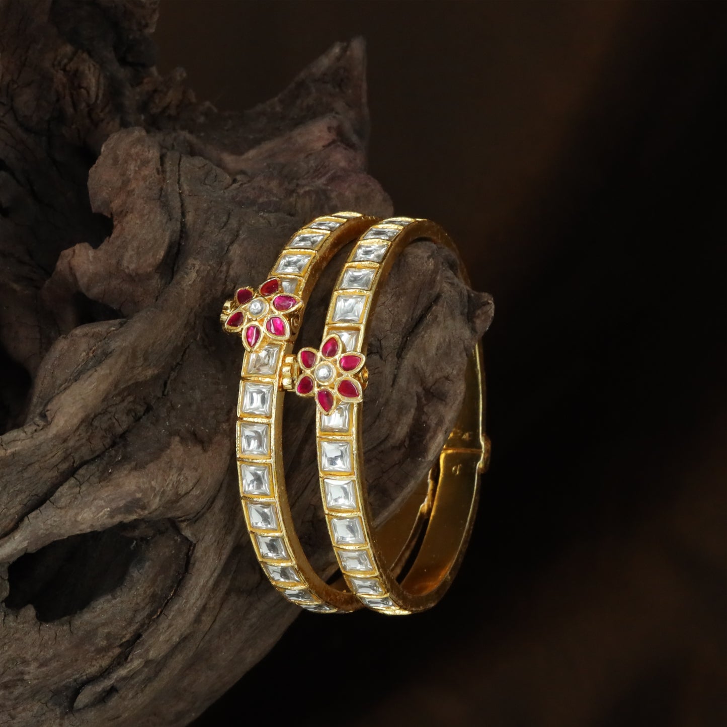 Floral Centre Motif Jadau Bangles with Rectangular Stone Channel Pattern