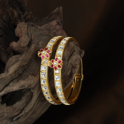 Floral Centre Motif Jadau Bangles with Rectangular Stone Channel Pattern