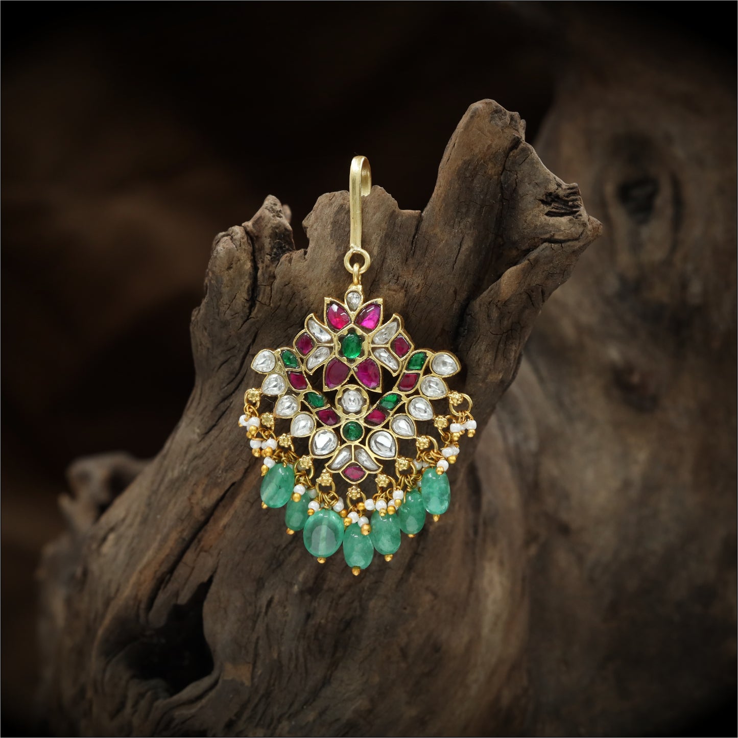Central Bloom Pattern Maang Tikka with Decorative Bead Drops