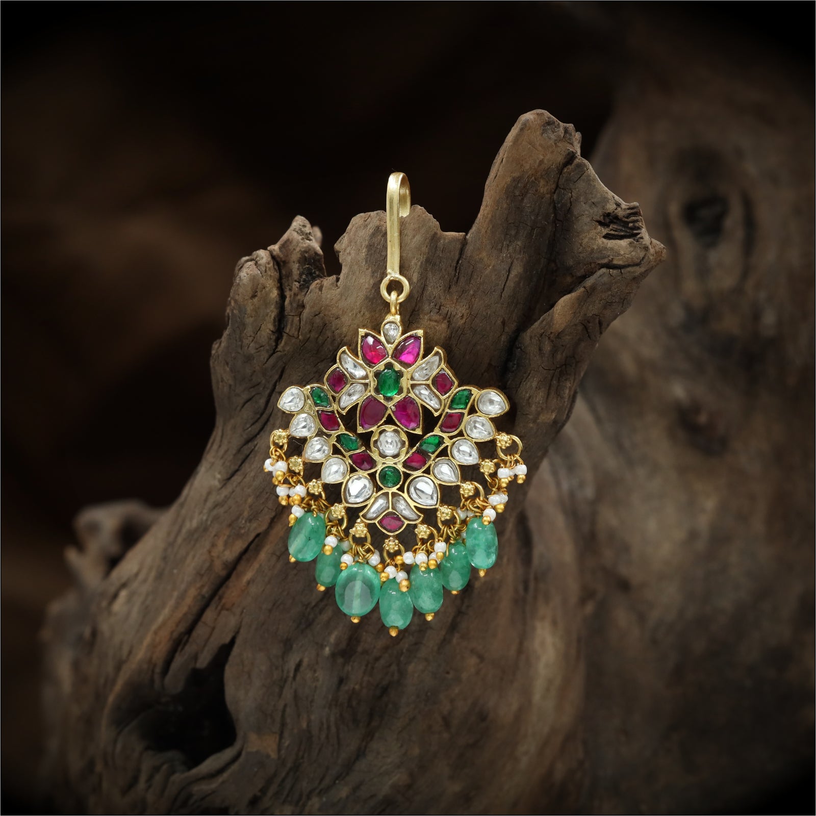 Central Bloom Pattern Maang Tikka with Decorative Bead Drops