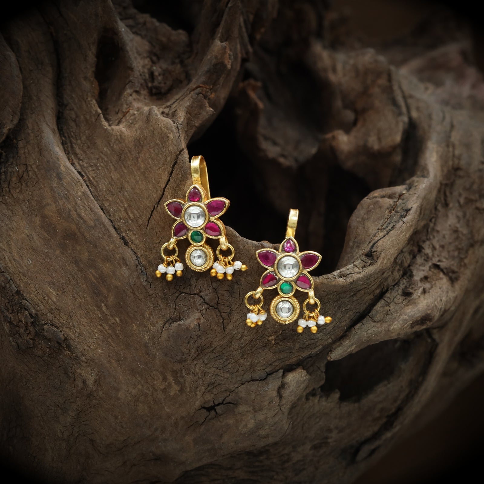 Petal Blossom Bugadi with Floral Motif and Pearl Drops