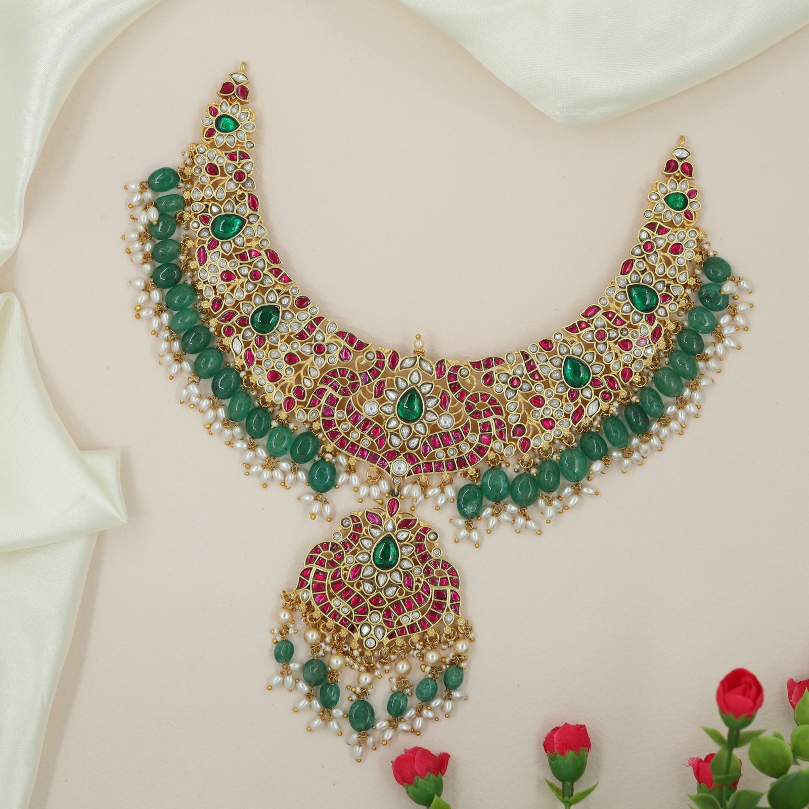 Peacock Crown Jadau Necklace with Grand Pendant and Bead Fringe