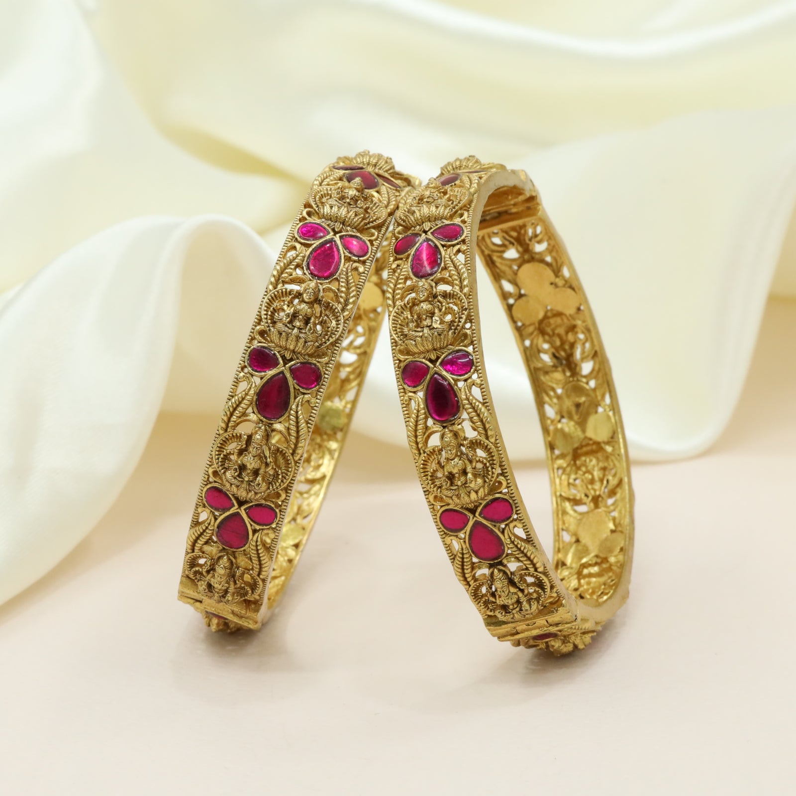 Traditional Lakshmi Panel Bangles with Intricate Temple Carving