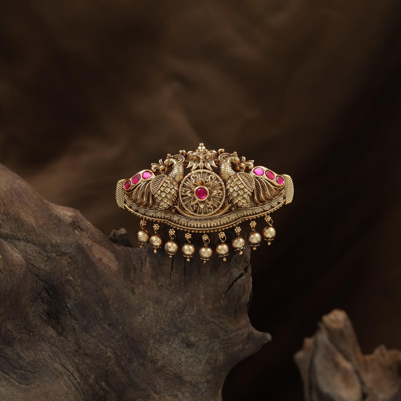 Imperial Twin Peacock Crest Hair Clip with Ornate Circular Medallion and Dangling Bead Fringe