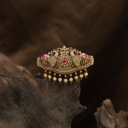 Imperial Twin Peacock Crest Hair Clip with Ornate Circular Medallion and Dangling Bead Fringe