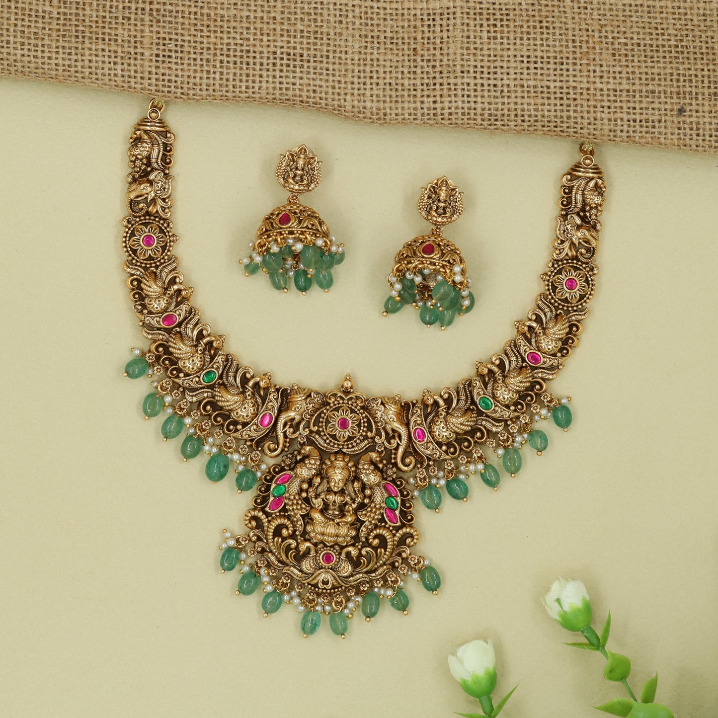 Rajavritta Heritage Necklace with Lakshmi Idol Centre and Beaded Edge