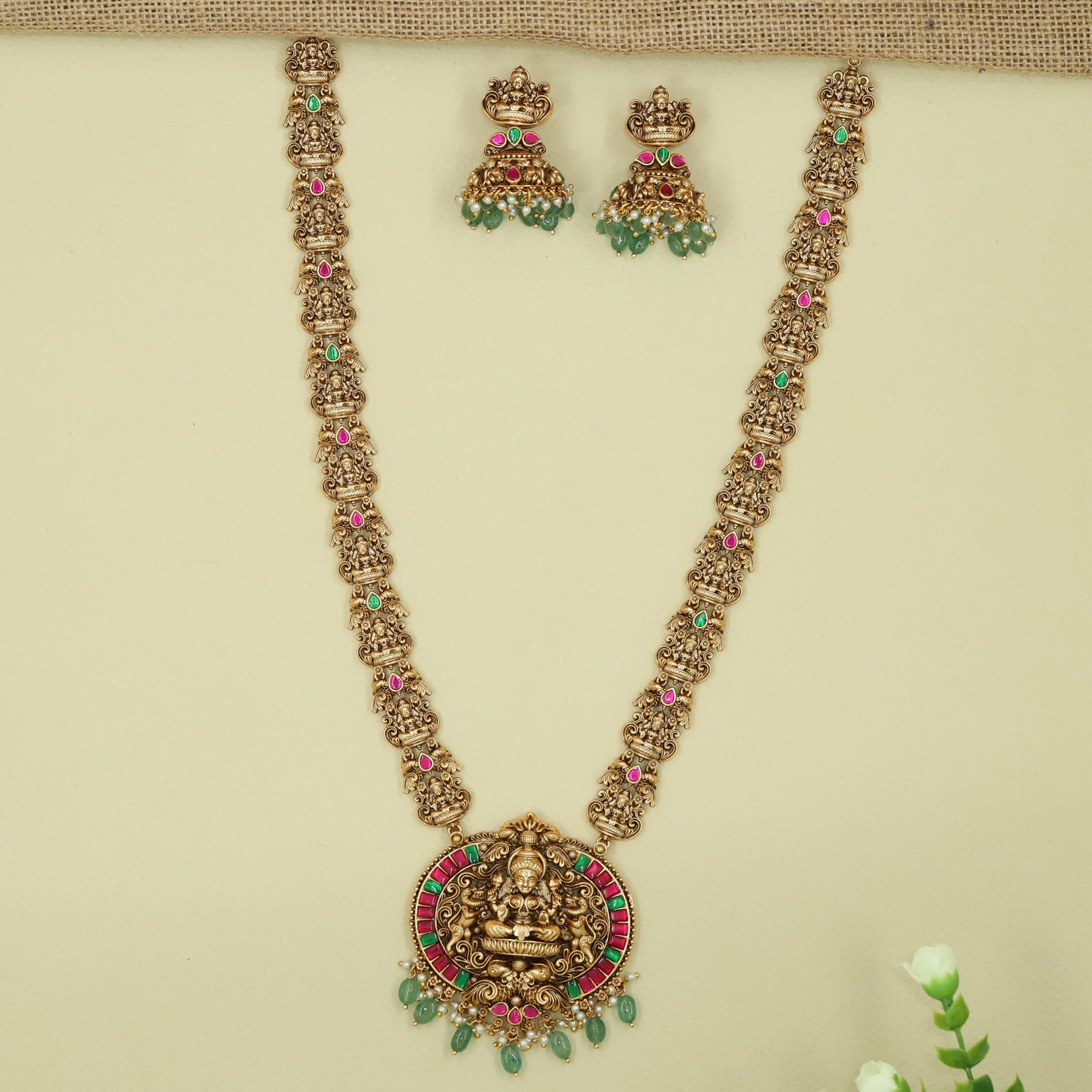 Kalpashringa Temple Long Haara with Lakshmi Pendant and Decorative Link Panels