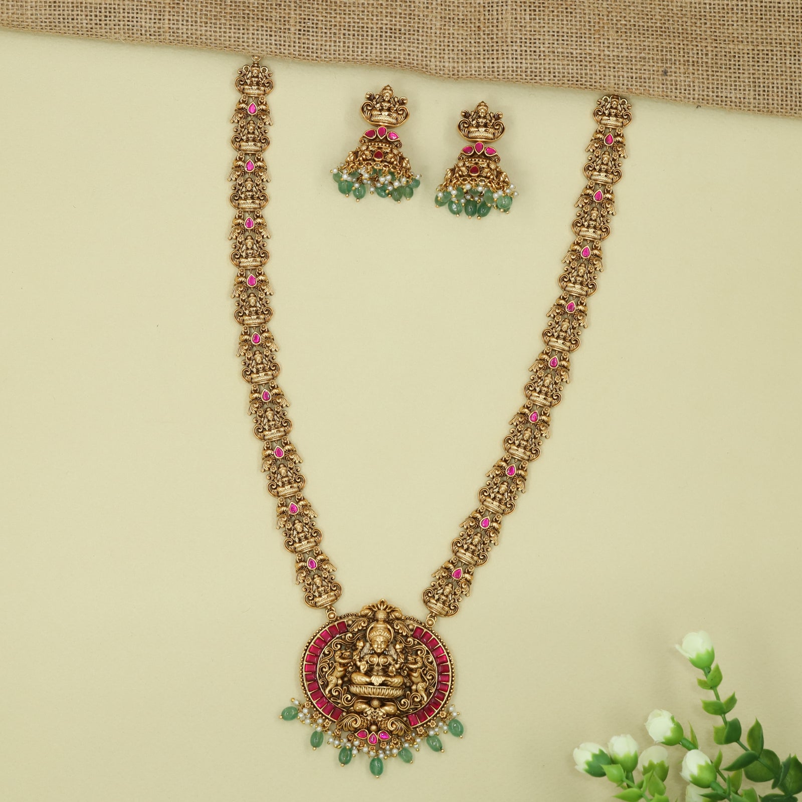 Kalpashringa Temple Long Haara with Lakshmi Pendant and Decorative Link Panels