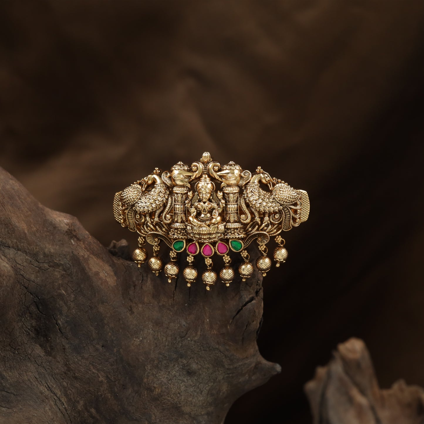 Lakshmi Shrine Hair Clip with Sculpted Elephants, Peacocks and Drop Fringe