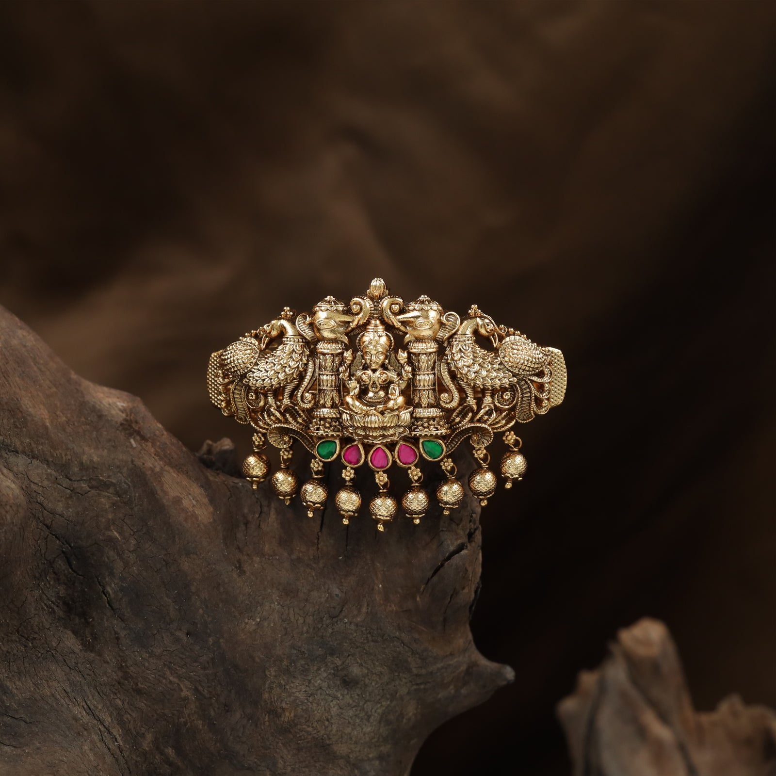 Lakshmi Shrine Hair Clip with Sculpted Elephants, Peacocks and Drop Fringe