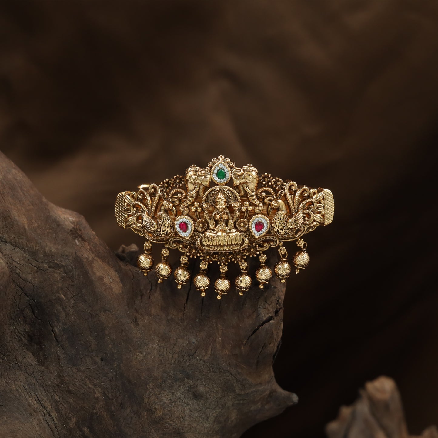 Floral Pavilion Hair Clip with Intricate Scrollwork Panels and Hanging Dangles